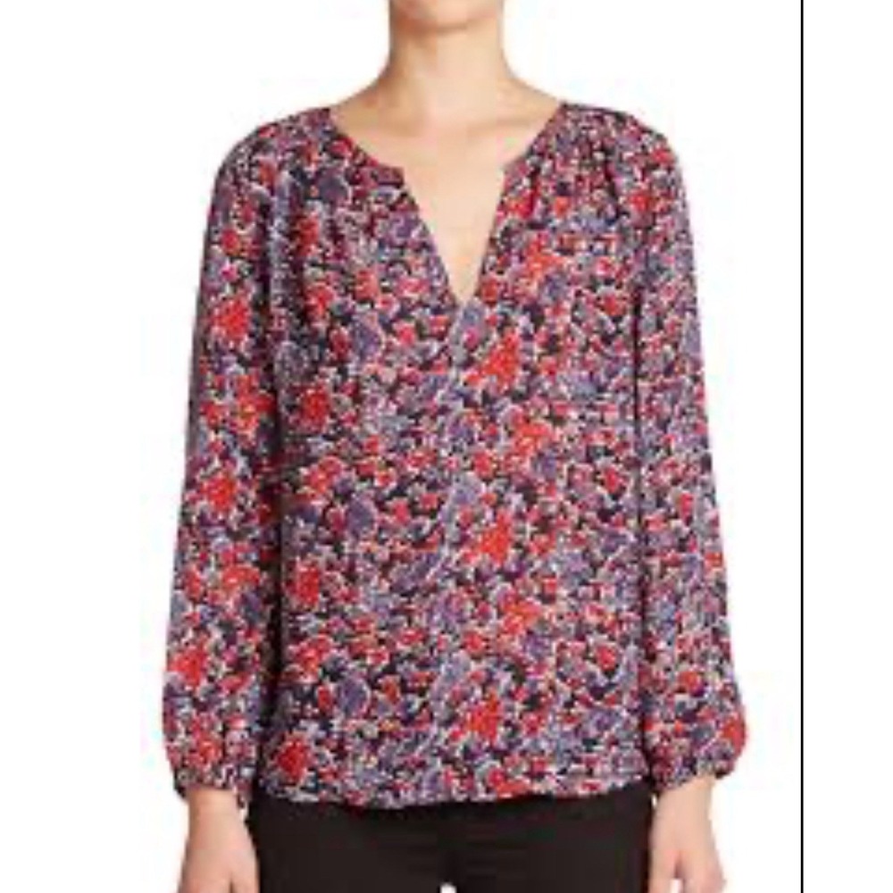 JOIE Women's 100% Silk Blouse Floral Split‎ Neck Elastic Sleeve Top Size Large